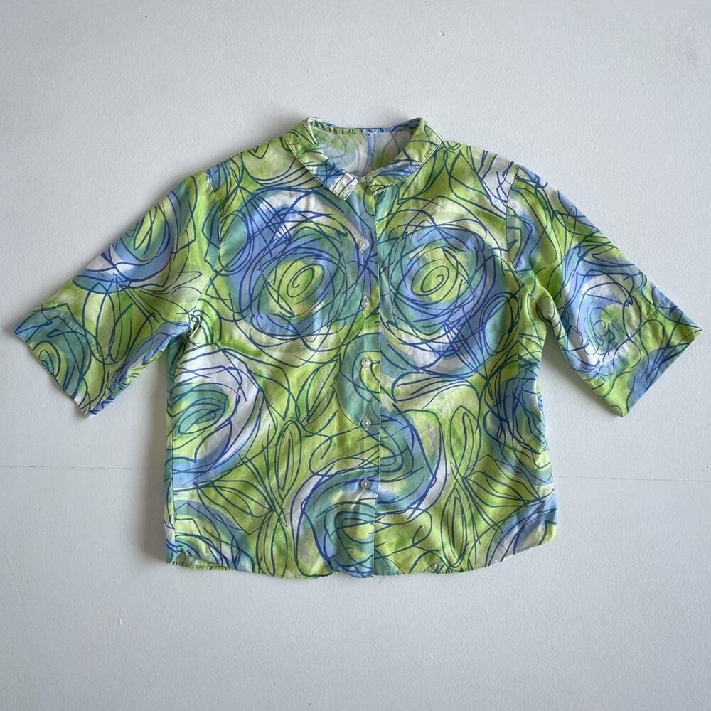 Vtg 60s Psychedelic Swirl Patterned Button Up Collared Blouse / S / Retro Mod